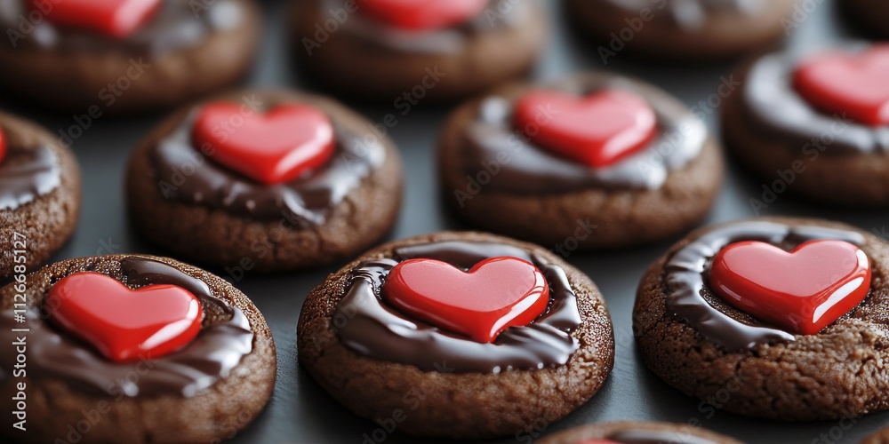 Decorating chocolate cookies by adding red chocolate hearts creates a delightful visual appeal. These chocolate cookies topped with red chocolate hearts make for a charming treat. Decorating chocolate cookies by adding red chocolate hearts creates a delightful visual appeal. These chocolate cookies topped with red chocolate hearts make for a charming treat.
