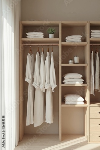 Minimalist wardrobe organization, beige and white interior design