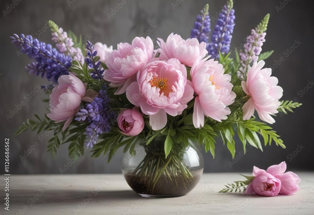 Soft focus image of a peony bouquet with lupines, fresh flowers, spring flowers, peony flowers Soft focus image of a peony bouquet with lupines, fresh flowers, spring flowers, peony flowers