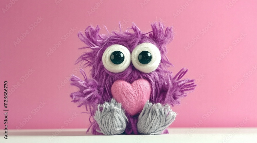 Obraz premium cute fluffy purple monster toy holding a heart with big eyes