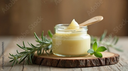 Homemade herbal body butter in jar, natural skincare product
