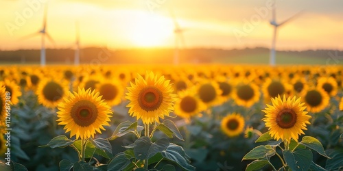 Vibrant field of sunflowers showcasing eco power, complemented by wind turbines that symbolize sustainable energy and the beauty of nature s harmony with eco power solutions. photo