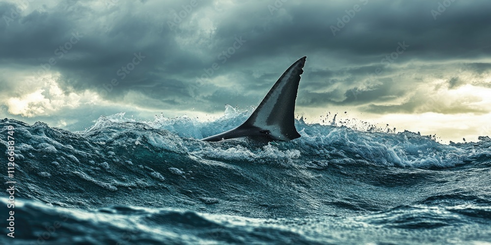 Fototapeta premium Shark fin emerging above the waves in the high sea, showcasing the beauty and power of marine life. This striking image captures the essence of a shark in its natural habitat.