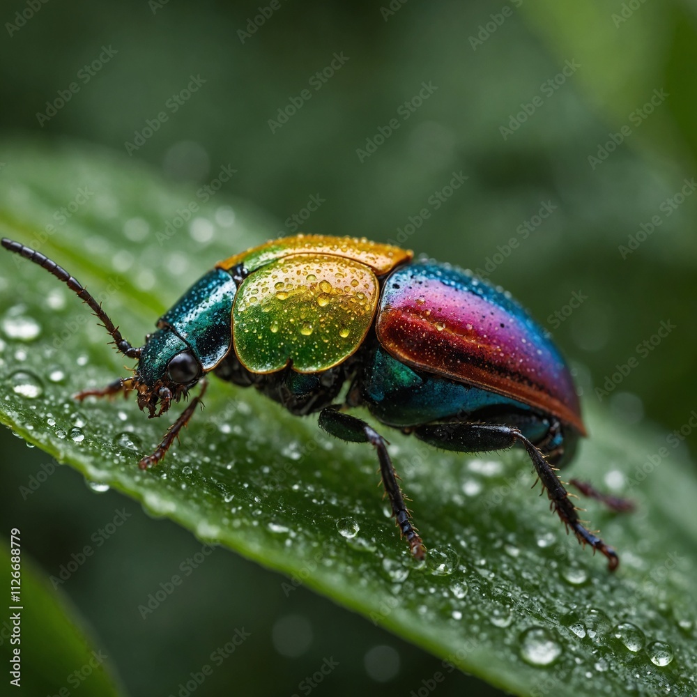 A colorful beetle crawling over a dew-kissed leaf.
A colorful beetle crawling over a dew-kissed leaf.