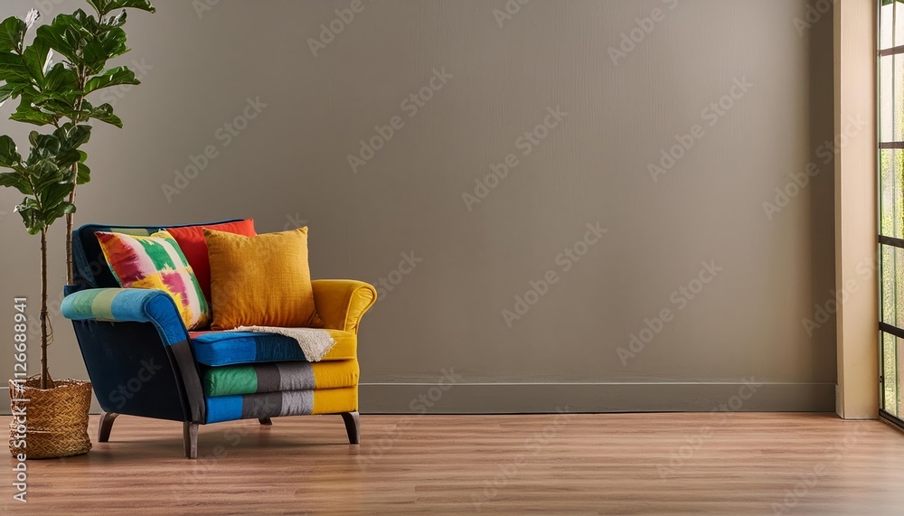 Modern Luxury Colorful Armchair in an Elegant Living Room with an Empty Wall A Stylish Interior Design Showcase for Contemporary Spaces