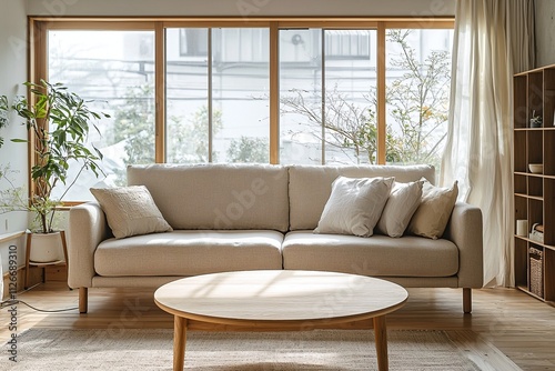 Minimalist, modern living room with a combination of Scandinavian interiors and japandi interiors in a living room with a sofa and cafe table. Generative AI 