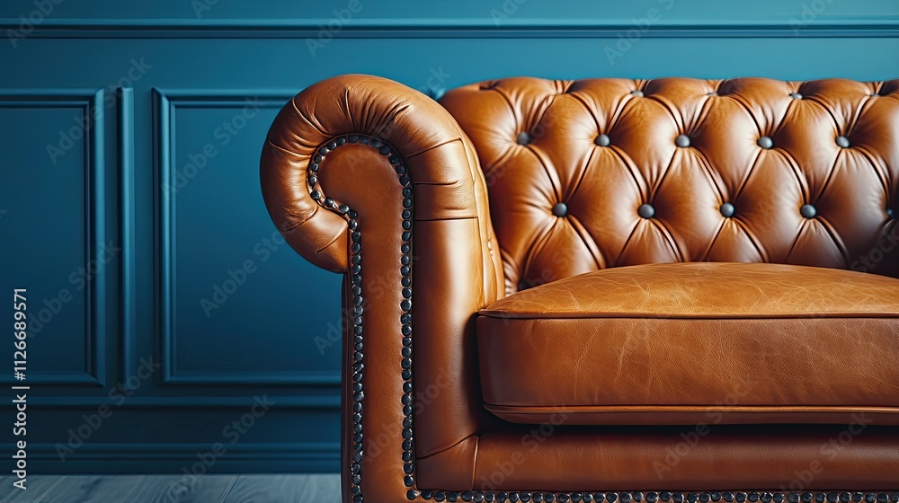 Obraz premium Brown leather Chesterfield sofa against teal wall.