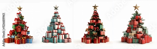 Festive 3D Christmas Tree of Stacked Presents with Ribbons and Star Topper on White Background