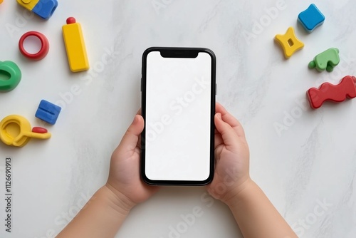 Top view of kid hands holding smartphone with white screen and colorful toys on marble table photo