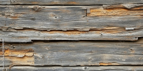 Weathered wooden background featuring the exterior wall of an aged structure. The rustic wooden background highlights the charm and character of the old building s exterior wall. photo