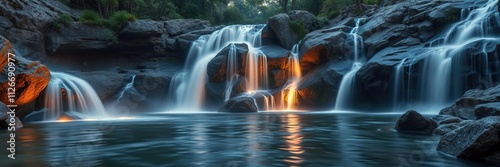 Waterfall light dance effects on the surface of the Bloomfield River near Wujal Wujal Falls, ripples, dance of lights photo