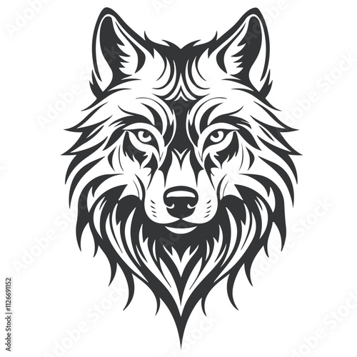 Wolf head, black and white, line art, simple