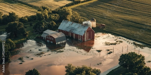 Farm field tile systems overwhelmed by excessive rainfall and storm induced flooding, showcasing the impact of severe weather on agricultural land in the region. Flooded farm fields demonstrate the photo