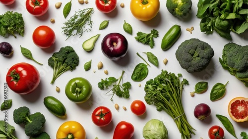 Flat lay of fresh and vibrant healthy food ingredients, including vegetables, fruits, and herbs, arranged on a white surface, isolated for culinary projects or advertisements.