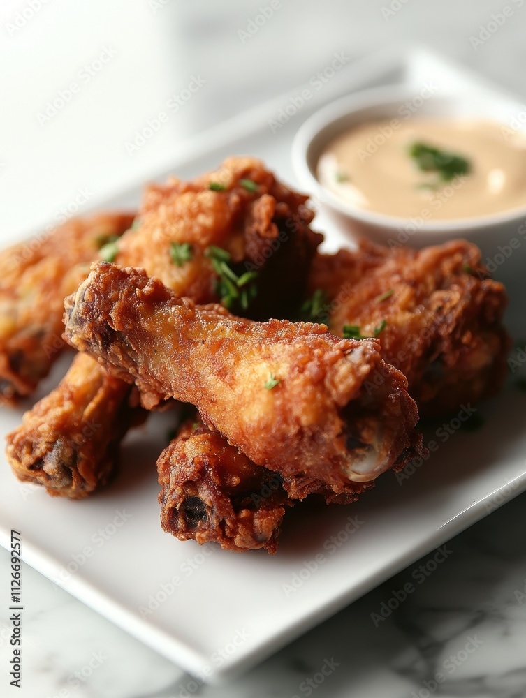 A plate of crispy fried chicken wings served with a dipping sauce. A plate of crispy fried chicken wings served with a dipping sauce.
