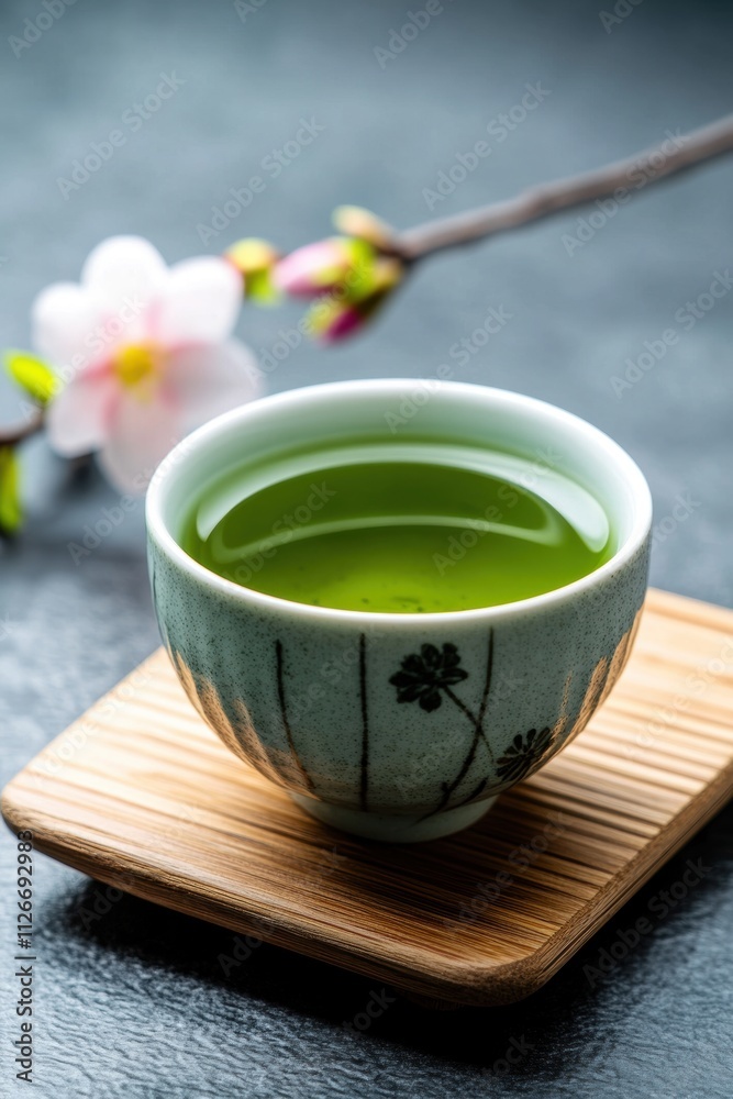 tea time retreat, green tea in a cup on a wooden board surrounded by seasonal flowers, creating a tranquil setting for relaxation