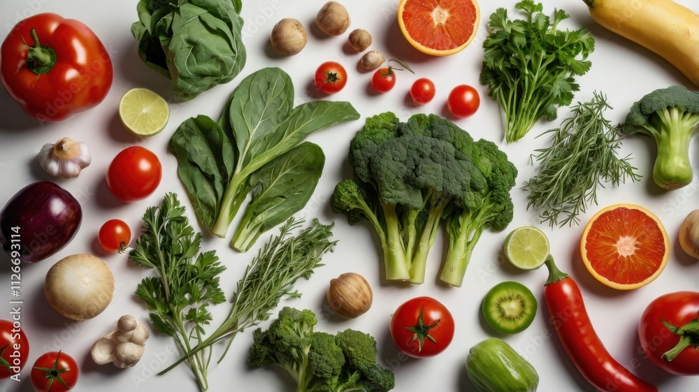 Flat lay of fresh and vibrant healthy food ingredients, including vegetables, fruits, and herbs, arranged on a white surface, isolated for culinary projects or advertisements. Flat lay of fresh and vibrant healthy food ingredients, including vegetables, fruits, and herbs, arranged on a white surface, isolated for culinary projects or advertisements.