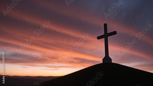 Silhouette of Christian cross in middle of hill during sunset. photo