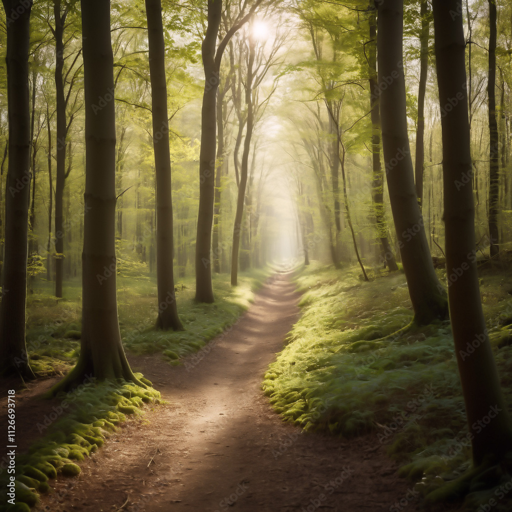 Fototapeta premium Bäume - Sonnenstrahlen durch die Bäume eines Waldwegs