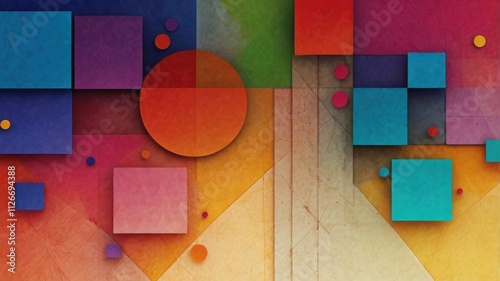 Vibrant, colorful abstract geometric shapes, including circles, triangles, and squares, arranged in a dynamic composition with a gradient background, designed for versatile use in creative projects.