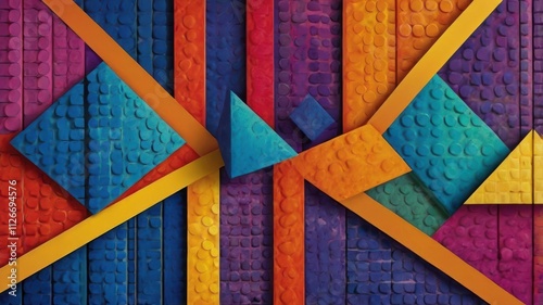 Vibrant, colorful abstract geometric shapes, including circles, triangles, and squares, arranged in a dynamic composition with a gradient background, designed for versatile use in creative projects.