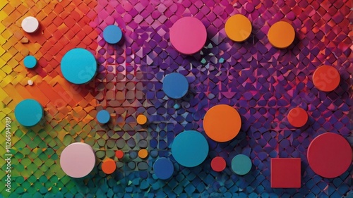 Vibrant, colorful abstract geometric shapes, including circles, triangles, and squares, arranged in a dynamic composition with a gradient background, designed for versatile use in creative projects.