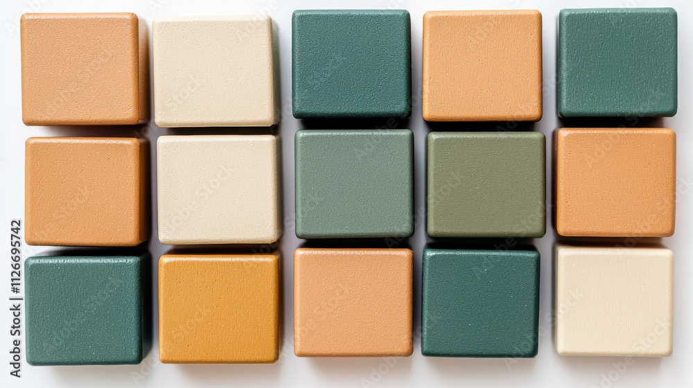 Baby accessories minimalistic concept. A minimalist arrangement of colorful square tiles in earthy tones, showcasing a modern aesthetic. Baby accessories minimalistic concept. A minimalist arrangement of colorful square tiles in earthy tones, showcasing a modern aesthetic.