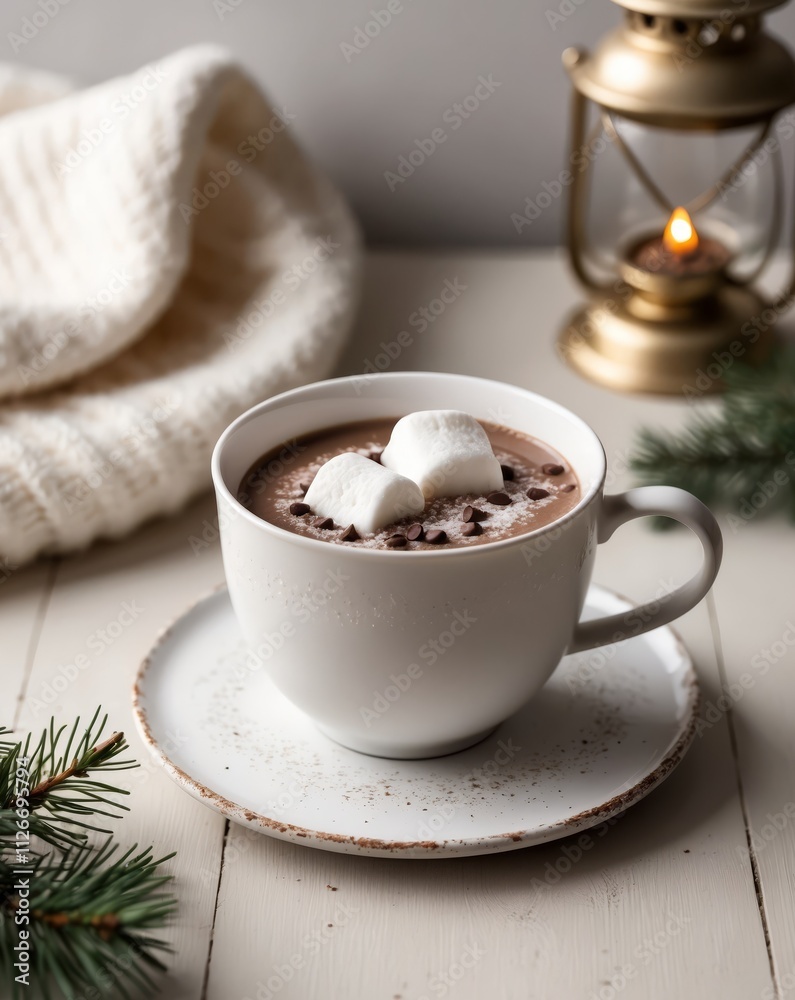 Winter Hot Chocolate with Marshmallows and Cozy Accessories