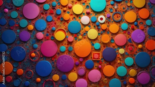 Vibrant, colorful abstract geometric shapes, including circles, triangles, and squares, arranged in a dynamic composition with a gradient background, designed for versatile use in creative projects.