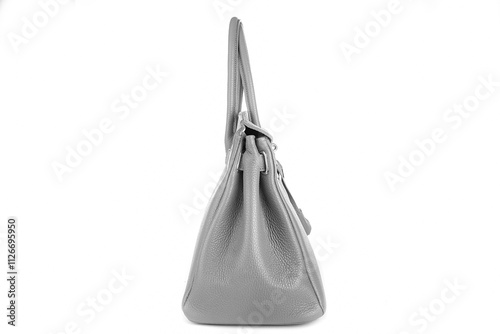 Deep gray leather purse handbag with grey rivets isolated white background. Gray bag fashion. White bags woman fashion. Black style photo