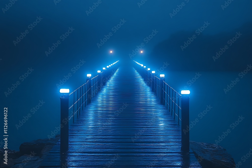 Obraz premium A mysterious, fog-shrouded pier stretches into the night, illuminated by blue lights.
