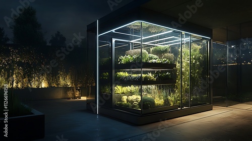 Modern illuminated glass greenhouse with various plants at night.