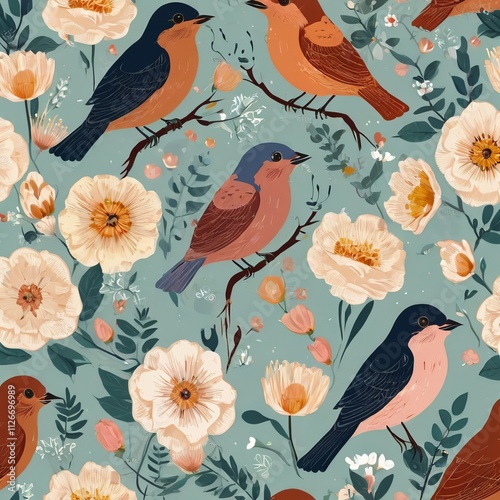 Charming Vector Illustration: Seamless Floral Pattern with Adorable Birds for Spring Celebrations