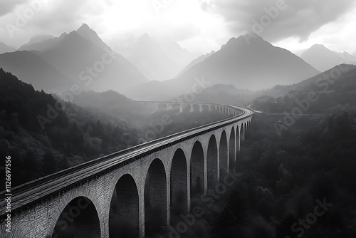 Black and white image of a viaduct winding through a mountainous landscape. photo