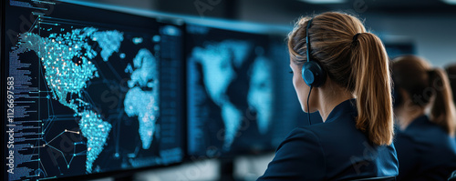 Woman using headset for data analysis with digital world maps on screens in a modern office environment.