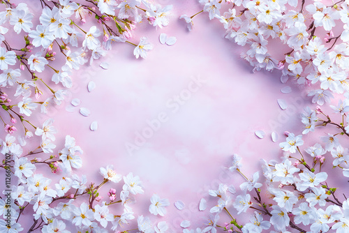 Wallpaper Mural Delicate cherry blossoms frame a pastel pink background, creating a serene and elegant spring floral border. Perfect for cards, invitations, or spring-themed designs. Torontodigital.ca