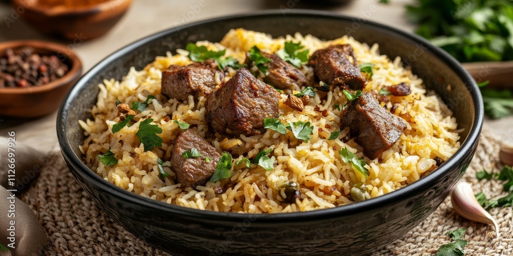 Pilaf, a traditional dish featuring lamb, garlic, and a blend of aromatic spices, captures the essence of flavorful cuisine through its unique preparation and rich ingredients in this pilaf Pilaf, a traditional dish featuring lamb, garlic, and a blend of aromatic spices, captures the essence of flavorful cuisine through its unique preparation and rich ingredients in this pilaf