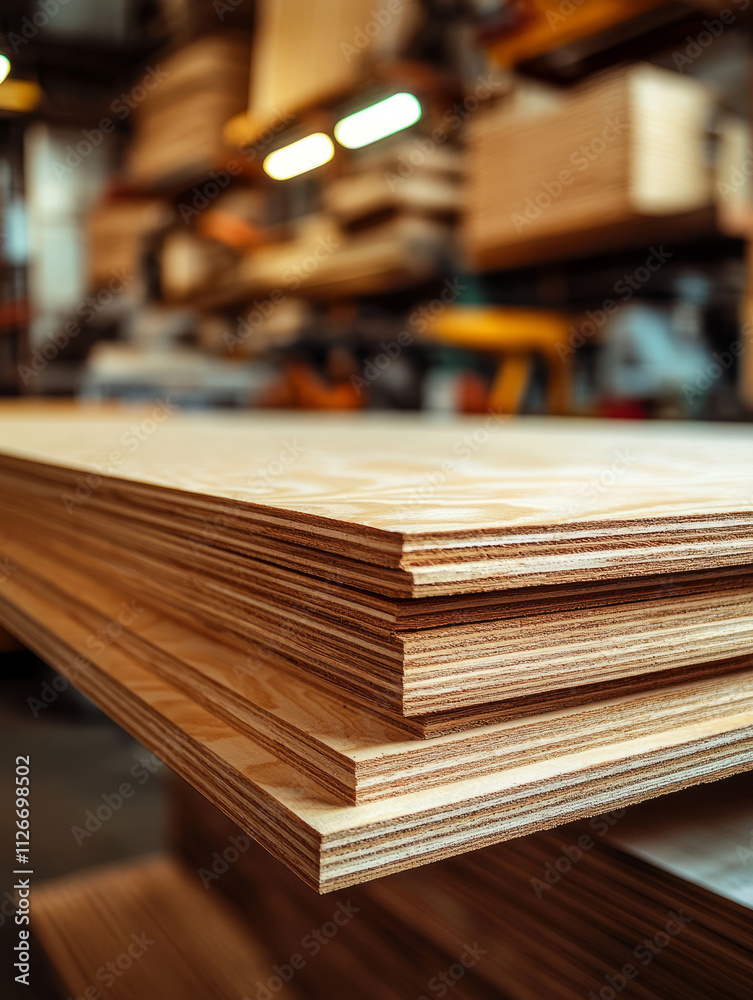 Stack of plywood sheets in a workshop setting. Stack of plywood sheets in a workshop setting.