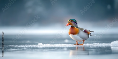 Obraz na płótnie Mandarin duck Aix galericulata drake gracefully walking on icy surfaces, showcasing the beauty and unique features of the Mandarin duck in a frosty environment. w salonie