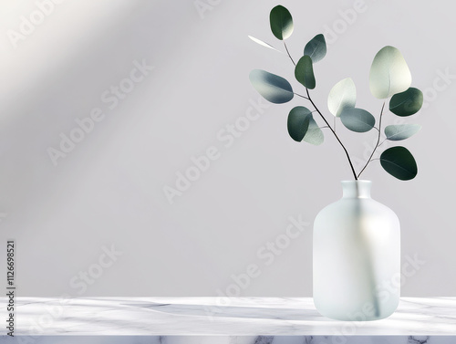 A single eucalyptus branch in a frosted glass vase, placed on a marble surface with soft light and shadows on a gray background.