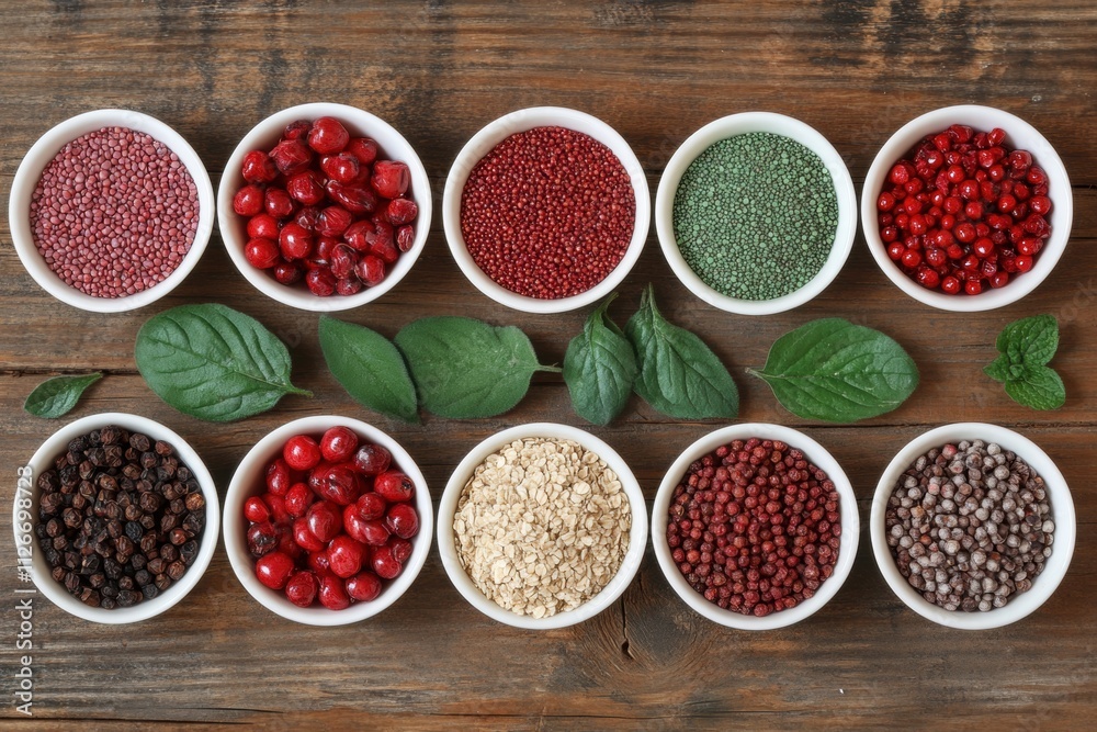 Variety of Grains, Seeds, and Berries in Bowls Variety of Grains, Seeds, and Berries in Bowls