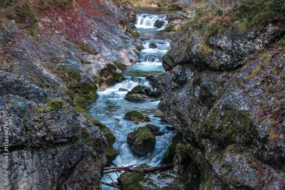 Obraz premium A stream and waterfall in the Walchenklamm gorge in the Bavarian Forest in late autumn. Rocks covered in moss and trees without leaves. mysterious and enigmatic.