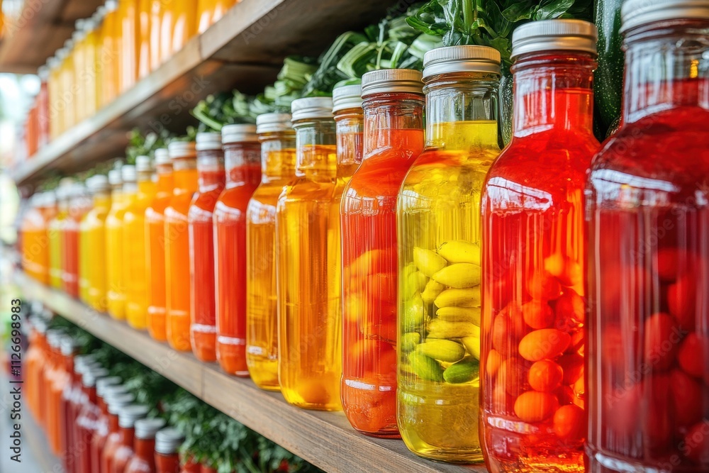 Colorful Jars of Preserved Food on Wooden Shelf Colorful Jars of Preserved Food on Wooden Shelf