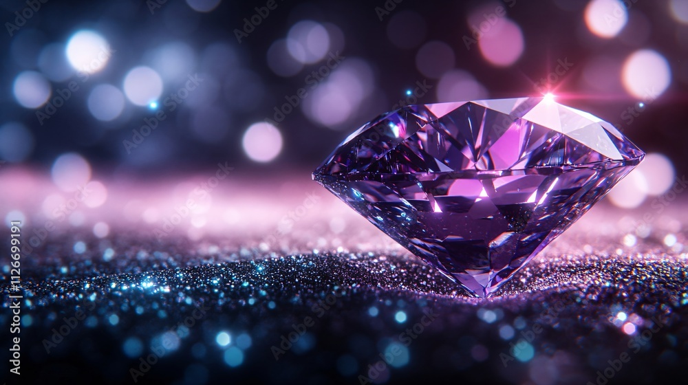 Sapphire or purple diamond shining on dark blurred background. Magic gemstone, crystal mineral, stone for jewelry, treasure. Making jewelry concept. Backdrop for design banner, poster Sapphire or purple diamond shining on dark blurred background. Magic gemstone, crystal mineral, stone for jewelry, treasure. Making jewelry concept. Backdrop for design banner, poster