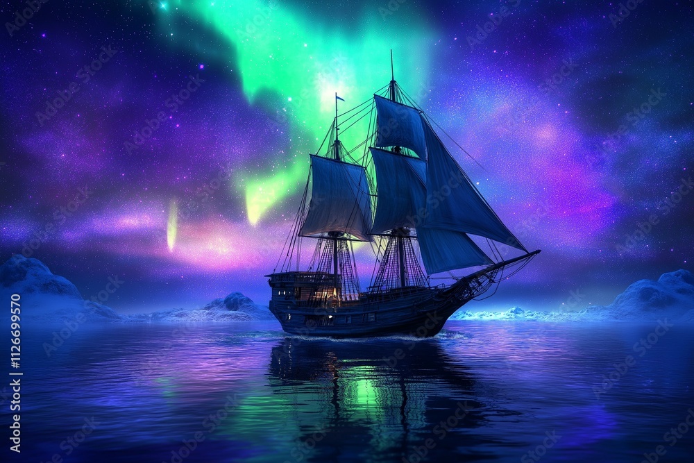 Fototapeta premium Elegant sailing ship under colorful Northern Lights, floating on calm water, starry night sky
