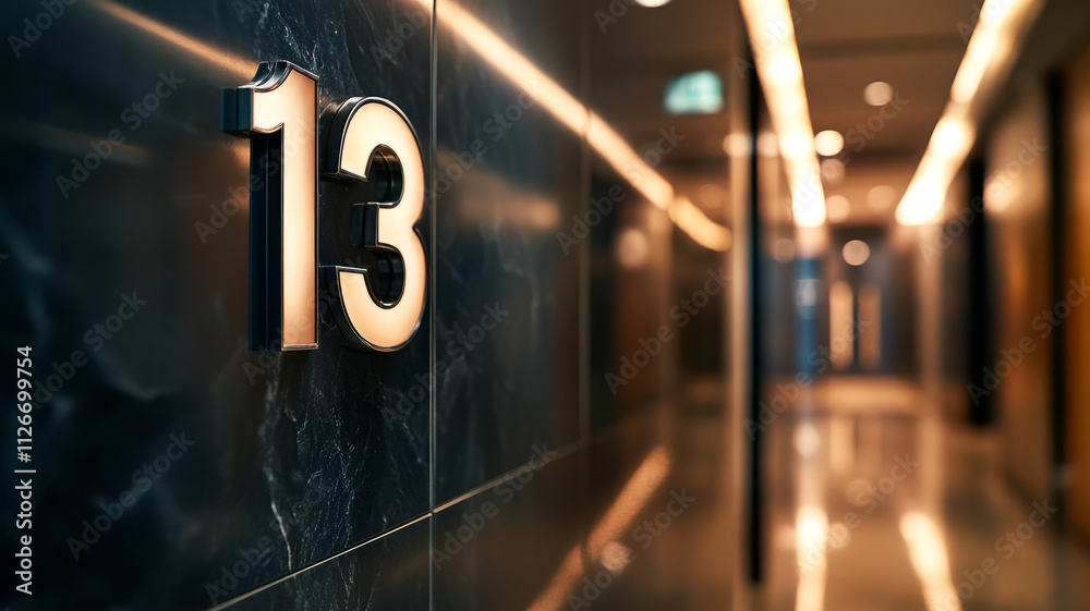Fototapeta premium Illuminated number 13 in a sleek modern hallway.