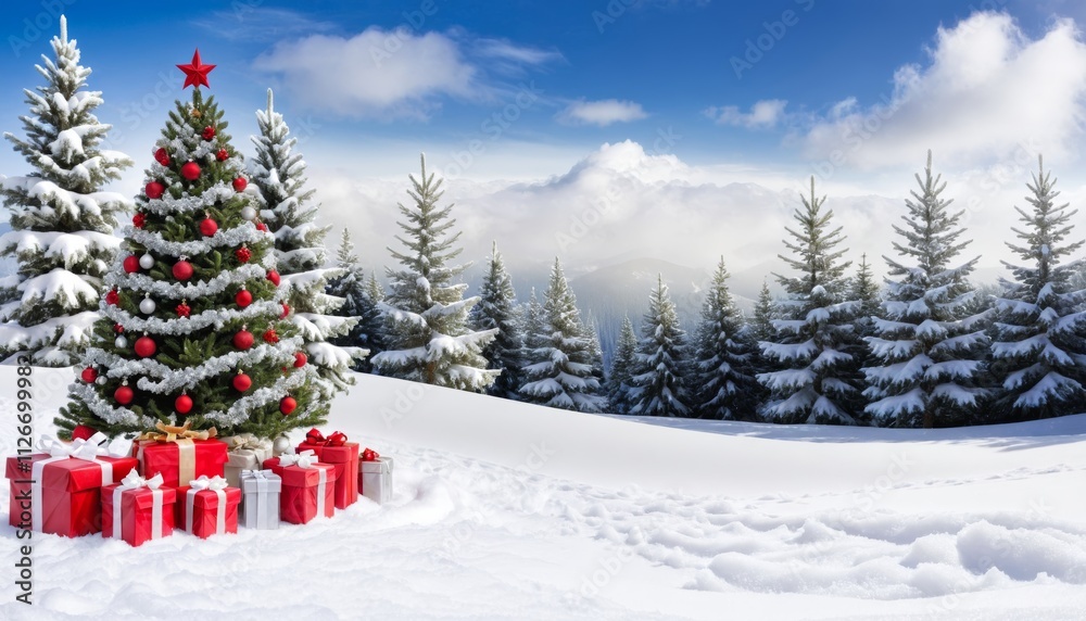 Christmas tree and snow background. Gorgeous elegant Christmas tree with gifts in red and silver on a panoramic snow background