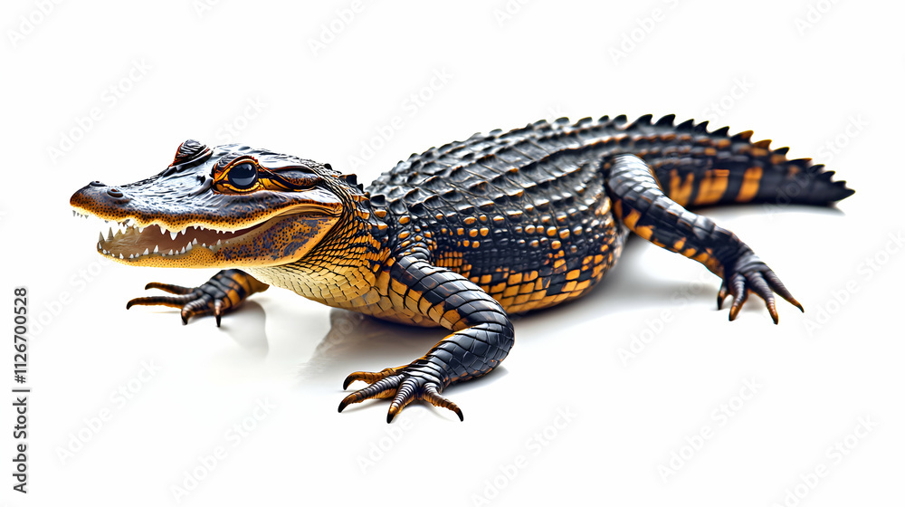 Naklejka premium Young alligator isolated on white background. Perfect for wildlife, nature, or reptile themed projects.