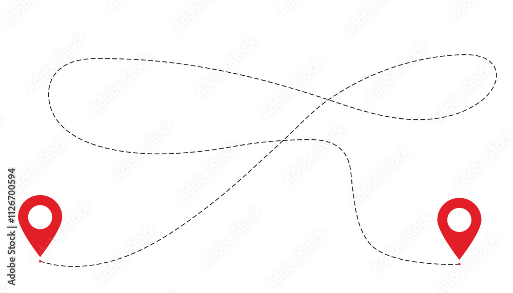 Route icon between two points with dotted line. location pointer one line. GPS navigation line route mark. dotted path and location pin Route icon between two points with dotted line. location pointer one line. GPS navigation line route mark. dotted path and location pin