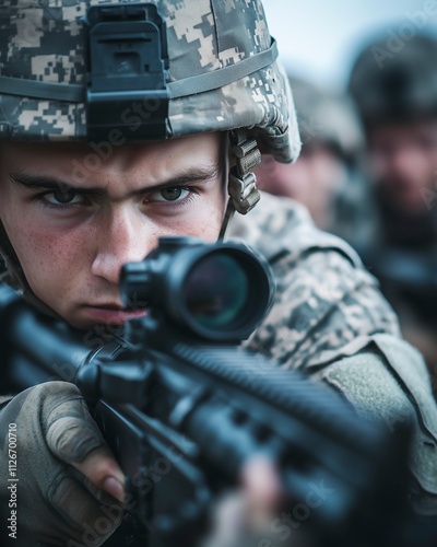 Resolute Soldier Aiming Assault Rifle with Intense Focus photo